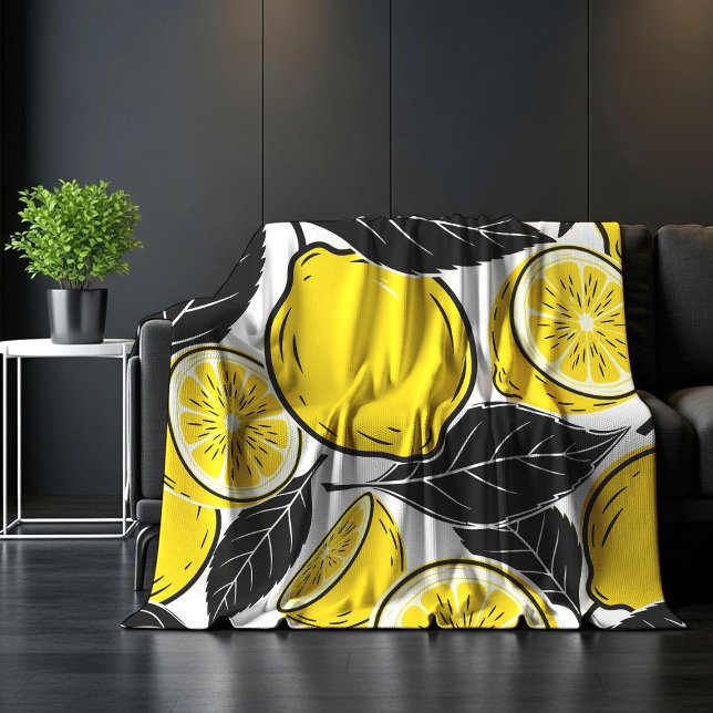 Modern Bold Lemon & Black Leaves  Seamless Pattern Fleece Blanket (Creator Uploaded)