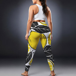 Modern Bold Lemon & Black Leaves Seamless Pattern Leggings