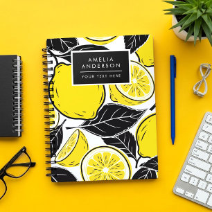 Modern Bold Lemon & Black Leaves Seamless Pattern Notebook