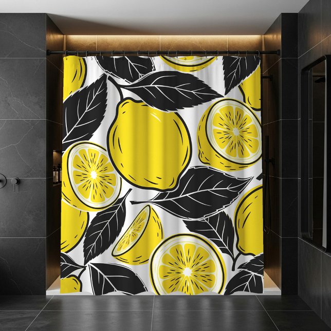 Modern Bold Lemon & Black Leaves  Seamless Pattern Shower Curtain (Creator Uploaded)