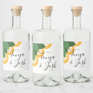Modern Bold Lemon Slice and Leaves Wedding Liquor Bottle Label