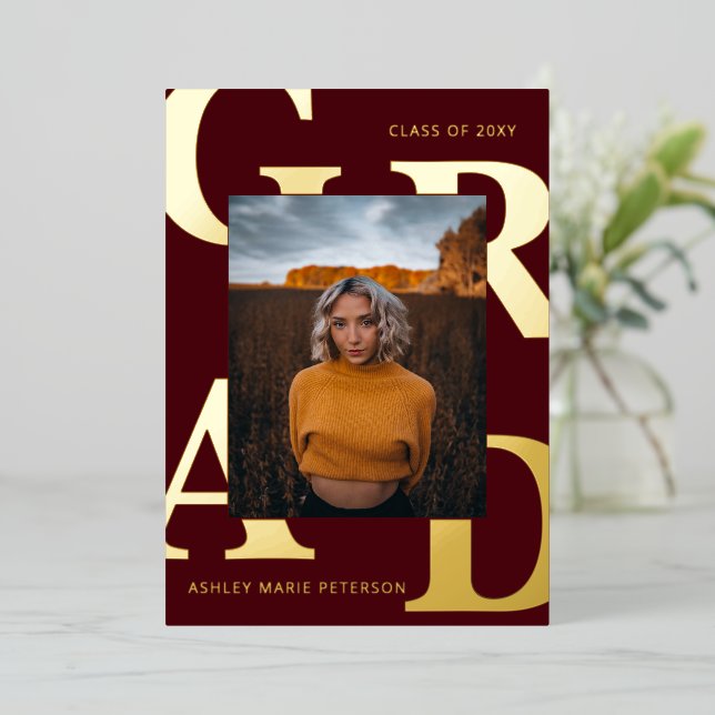 Modern Bold Letters Burgundy Photo Graduation  (Standing Front)