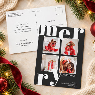 Modern Bold Merry Typography Black 4 Photo Holiday Postcard