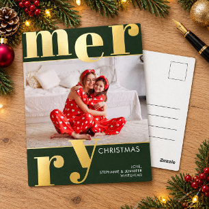 Modern Bold Merry Typography Forest Green Photo Foil Holiday Postcard