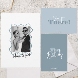 modern bold Minimal Dusty Blue Wavy Wedding Invitation