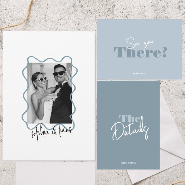 modern bold Minimal Dusty Blue Wavy Wedding Invitation (Creator Uploaded)