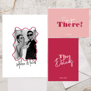 modern bold Minimal Viva Magenta Wavy Wedding Invitation