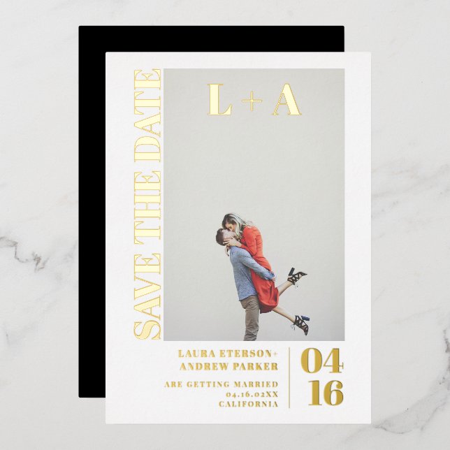 Modern bold minimalist initial photo save the date (Front/Back)