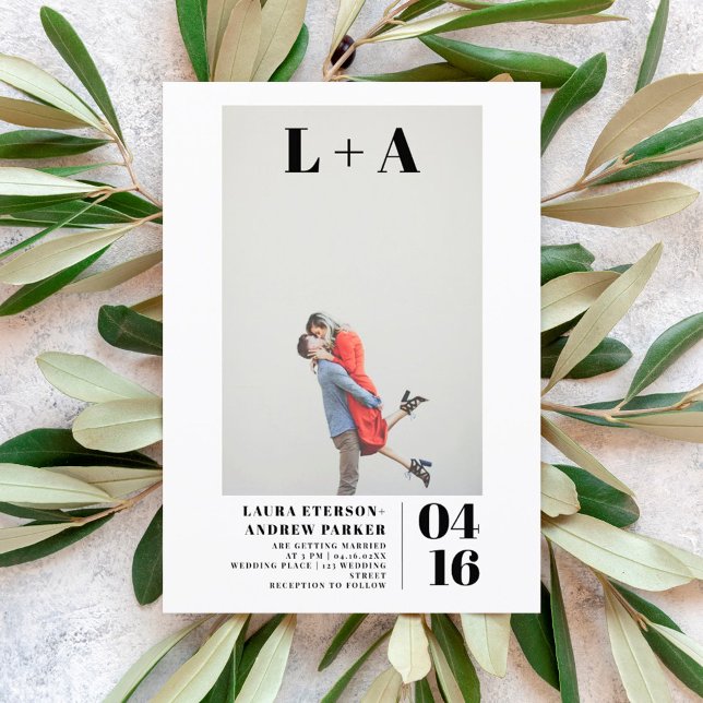 Modern bold  minimalist initials photo wedding invitation (Creator Uploaded)