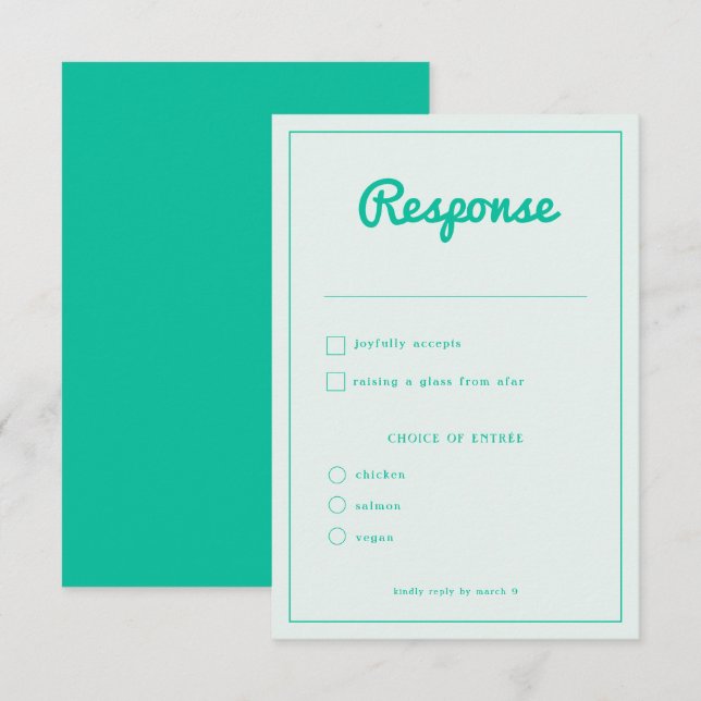 Modern Bold Mint Green Retro Wedding RSVP Card (Front/Back)