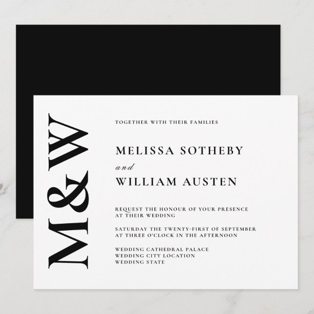 Modern Bold Monogram Black and White Wedding Invitation (Front/Back)