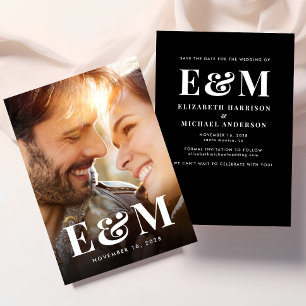 Modern Bold Monogram Initials Photo Black White Save The Date