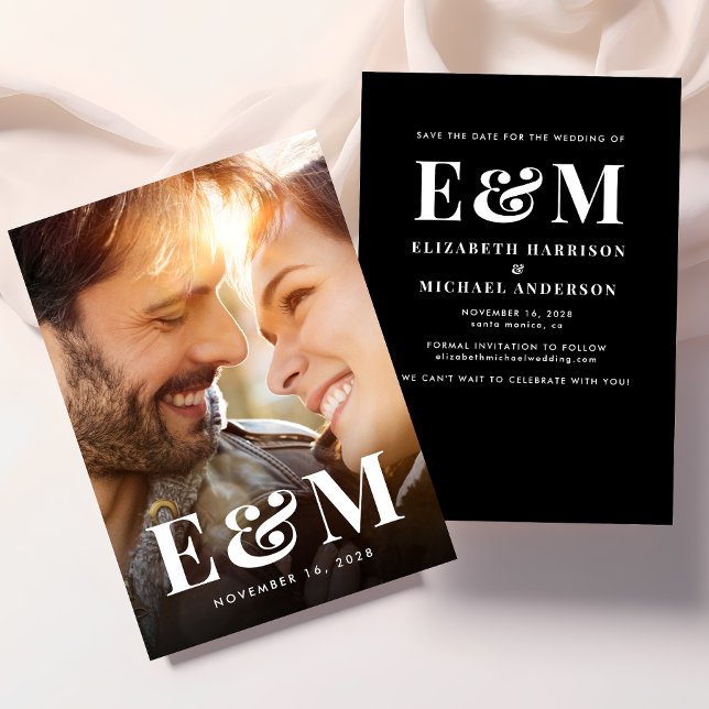 Modern Bold Monogram Initials Photo Black White Save The Date (Creator Uploaded)