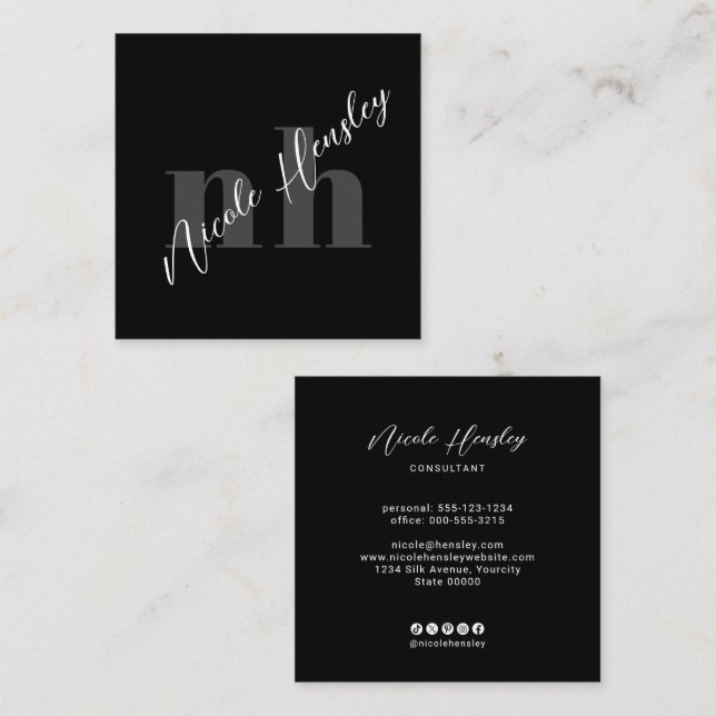 Modern Bold Monogram Minimalist Chic Black Square Business Card (Front/Back)