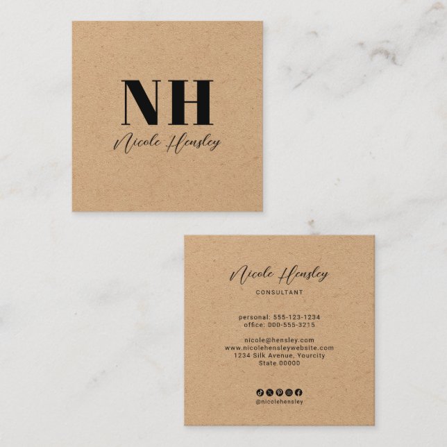 Modern Bold Monogram Minimalist Rustic Kraft Square Business Card (Front/Back)