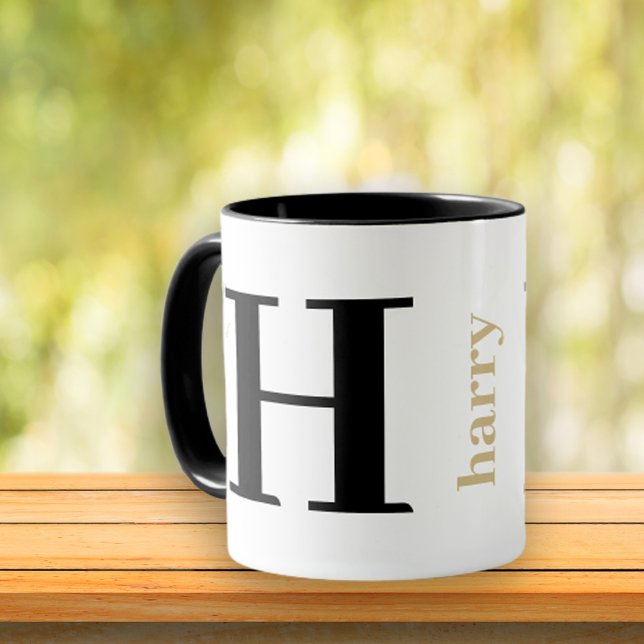 Modern Bold Monogram Name Gold Black Coffee Mug (Personalize with Custom Name and Monogram Initial. 
Create a Unique Gift Today! )