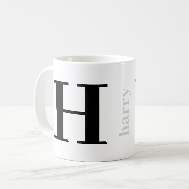 Modern Bold Monogram Name Silver Black Coffee Mug (Front Left)