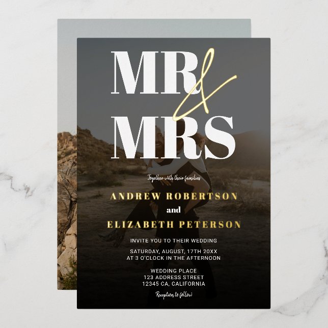 Modern bold Mr Mrs script black photo wedding (Front/Back)