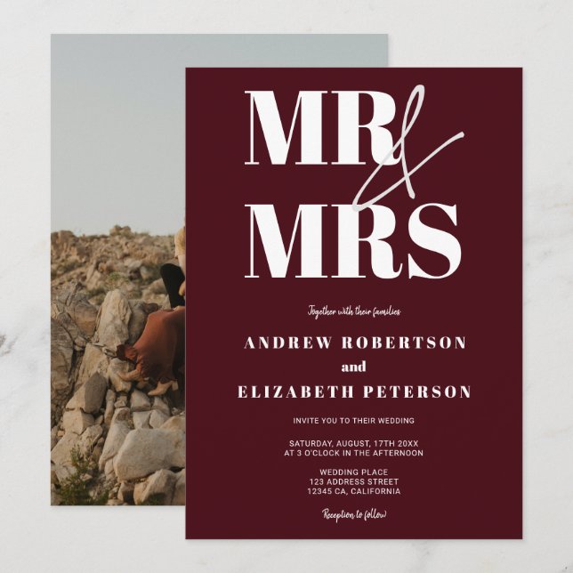 Modern bold Mr Mrs script red photo wedding Invitation (Front/Back)