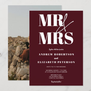 Modern bold Mr Mrs script red photo wedding Invitation