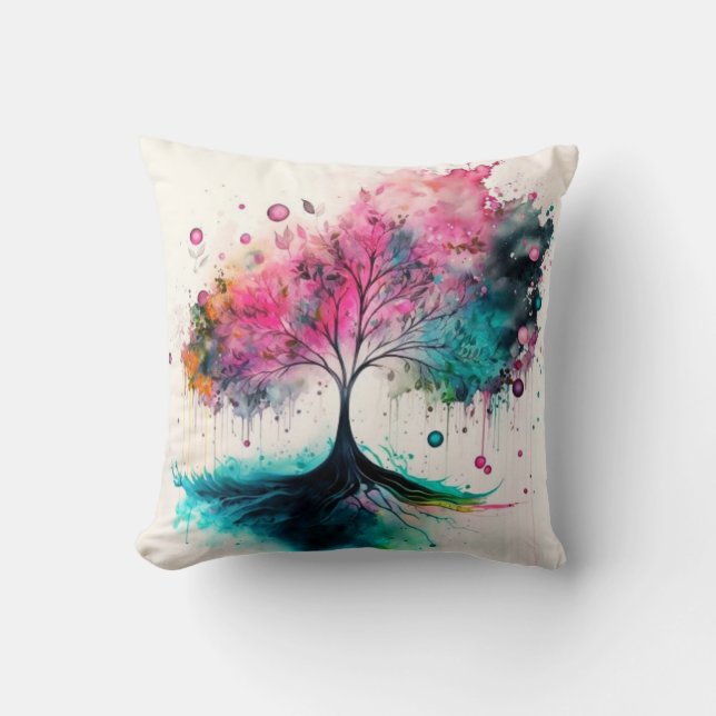 Modern & Bold Mystical Tree (blue, pink, orange) Cushion (Front)