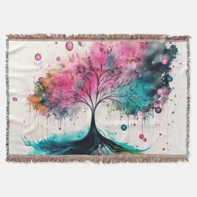 Modern & Bold Mystical Tree (blue, pink, orange) Throw Blanket (Front)