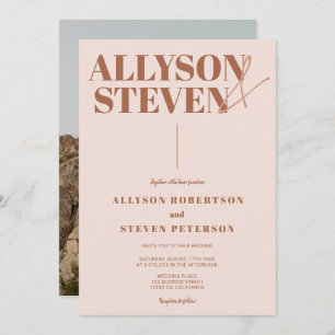 Modern bold names script beige photo wedding invitation