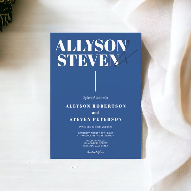 Modern bold names script blue photo wedding invitation (Modern bold names script blue photo wedding invitation)