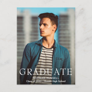 Modern Bold Navy Blue Boy Photo Graduation Announcement Postcard