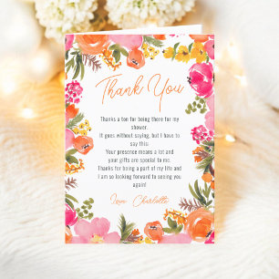 Modern bold orange flowers script bridal shower thank you card