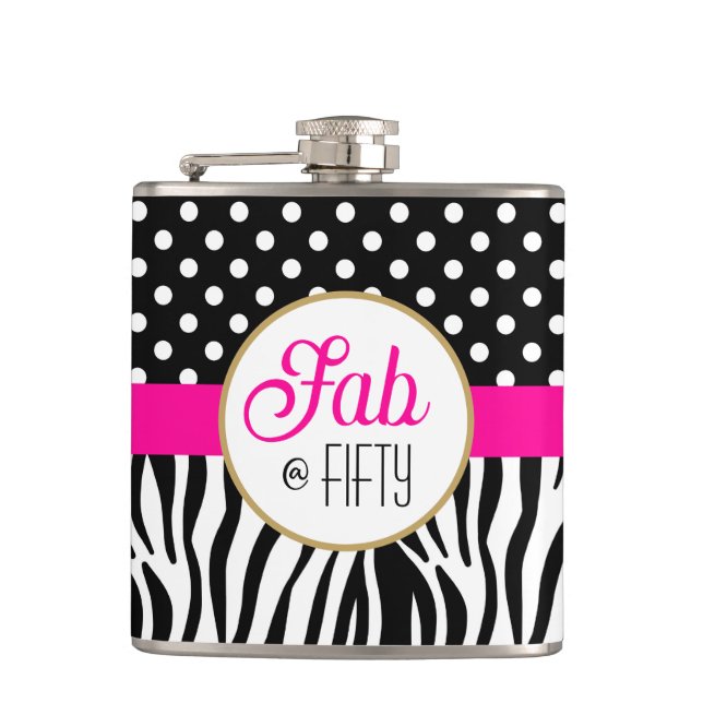 Modern Bold Pattern Fifty & Fabulous 50th Birthday Hip Flask (Front)