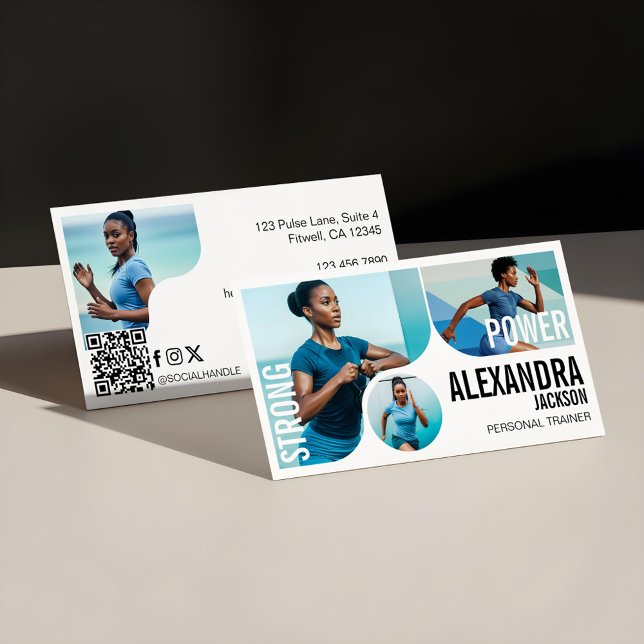Modern Bold Personal Trainer Fitness Photos QR  Business Card (Trendy Wavy Photo Frame Personal Trainer Fitness Business Card)
