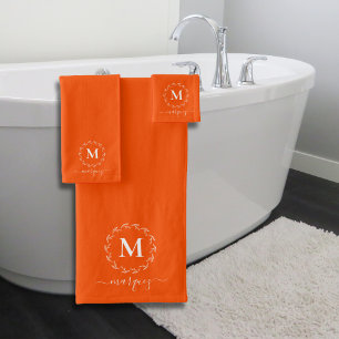 Modern Bold Personalised Orange Wreath Monogram Bath Towel Set