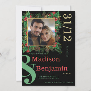 Modern Bold Photo Holly Berries Christmas Wedding Invitation