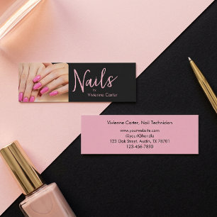 Modern Bold Pink Black Script Photo Nail Salon Mini Business Card