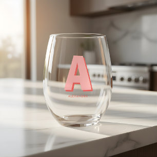Modern Bold Pink Custom Monogram Stemless Wine Glass