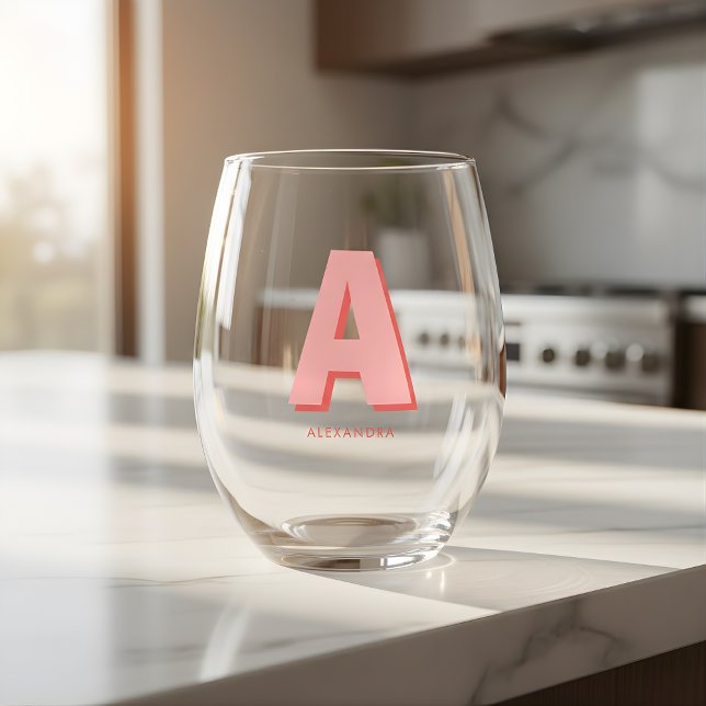 Modern Bold Pink Custom Monogram Stemless Wine Glass (Creator Uploaded)
