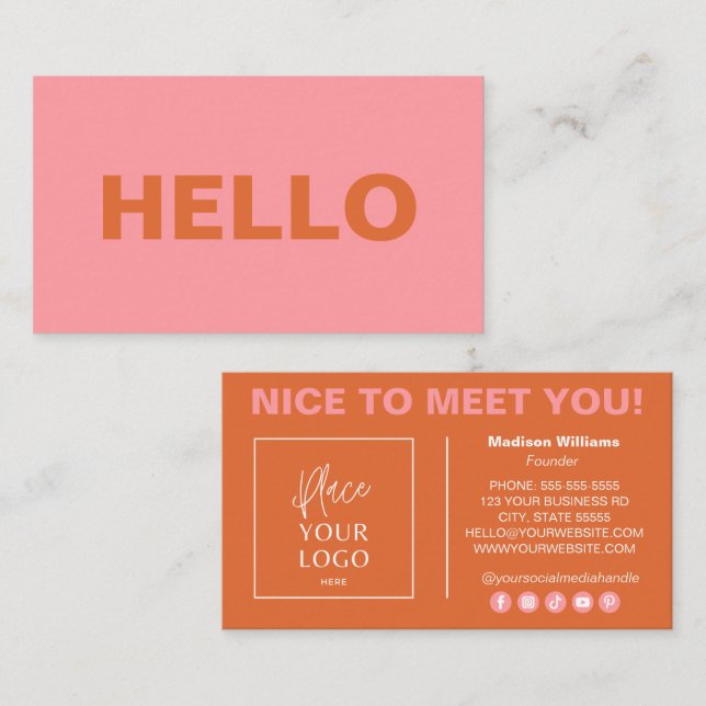 Modern Bold Pink Orange Custom Logo Social Media Business Card (Front/Back)