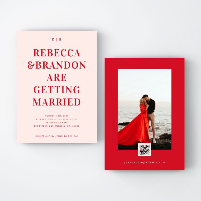 Modern Bold Pink & Red Monogram Minimalist Wedding Invitation (Creator Uploaded)