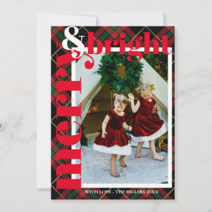 Modern Bold Plaid Merry & Bright Family Photo Holiday Card