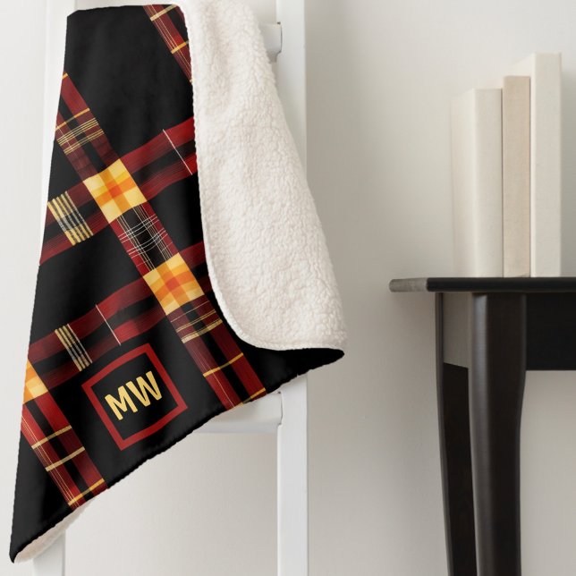 Modern bold plaid red, brown yellow monogram sherpa blanket (Creator Uploaded)