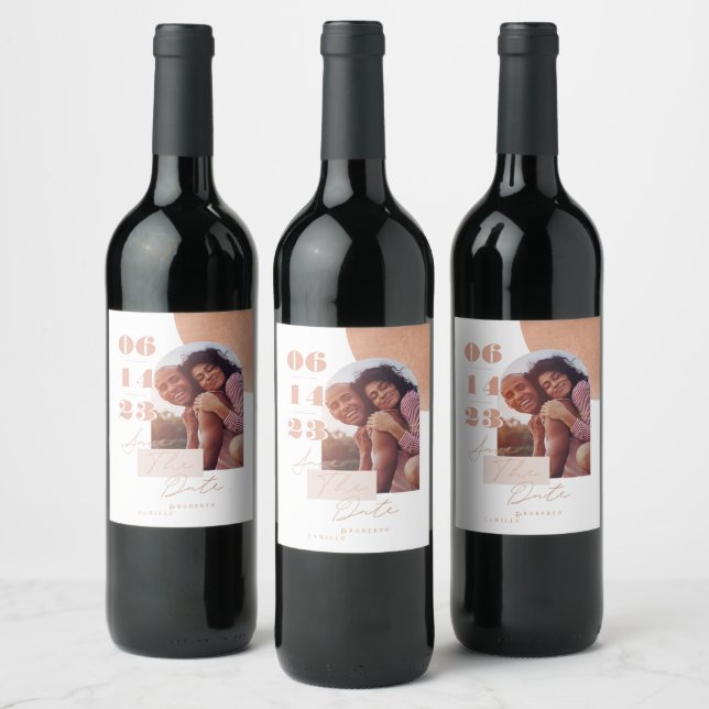 Modern Bold Print Pink Couples Photo Save the Date Wine Label (Bottles)