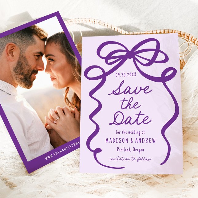 Modern Bold Purple Bow Photo Wedding Save The Date (Creator Uploaded)