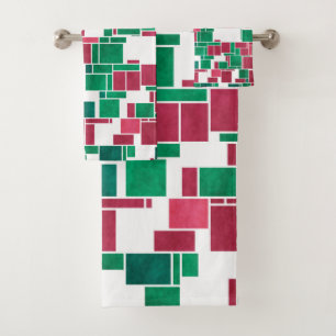 Modern Bold Red and Green Christmas Mondrian Bath Towel Set