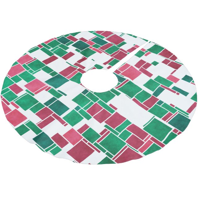Modern Bold Red and Green Christmas Mondrian Brushed Polyester Tree Skirt (Angled)