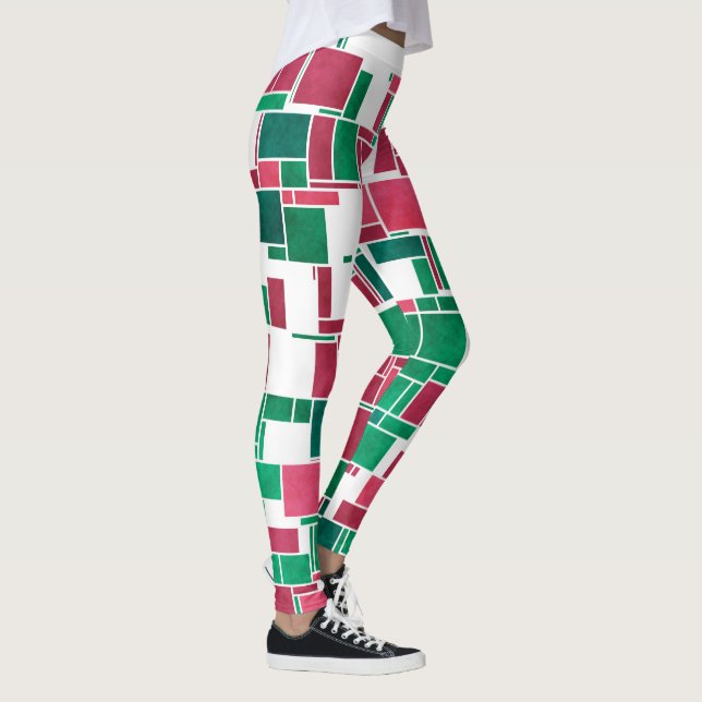 Modern Bold Red and Green Christmas Mondrian Leggings (Right)