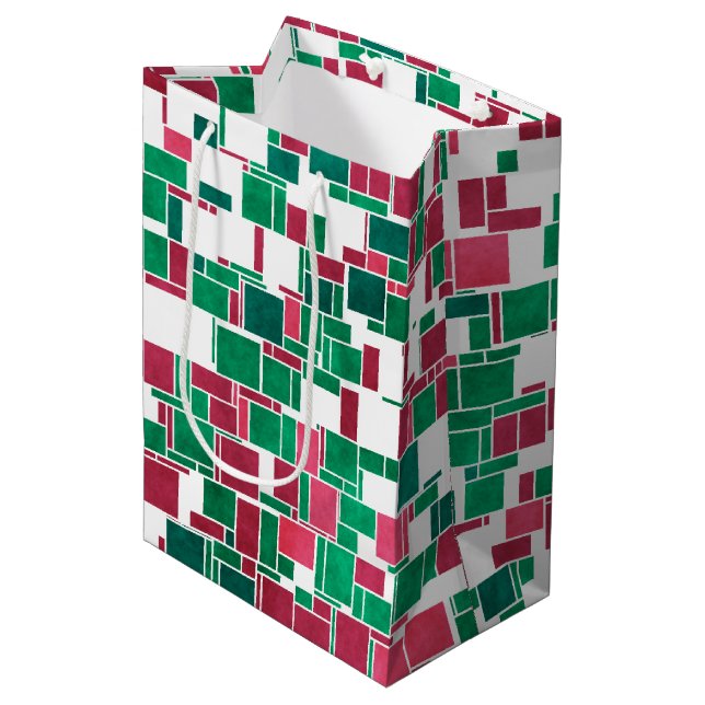 Modern Bold Red and Green Christmas Mondrian Medium Gift Bag (Front Angled)