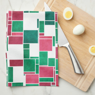 Modern Bold Red and Green Christmas Mondrian Tea Towel