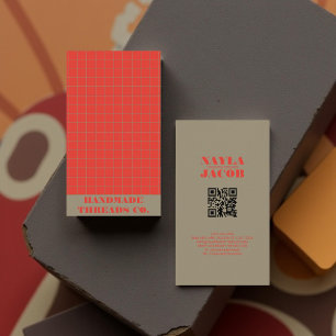 Modern Bold Red Checkered Pattern QR Code  Business Card