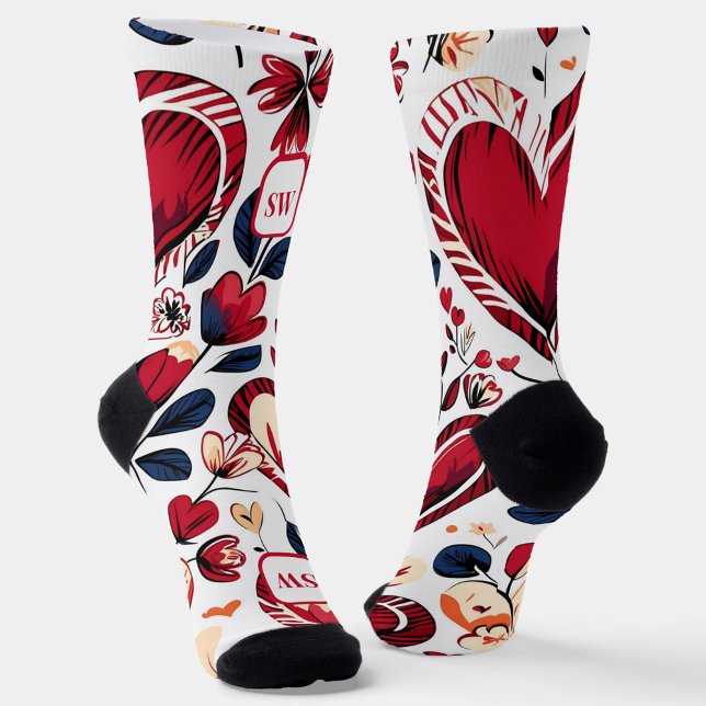 Modern bold red hearts & floral monogram socks (Creator Uploaded)